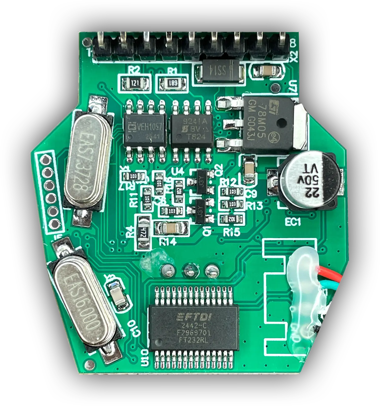 Platine des BMW K+DCAN Interface, Seite mit USB-Seriell-Bridge, Quarzen, Bustreibern und Spannungsversorgung