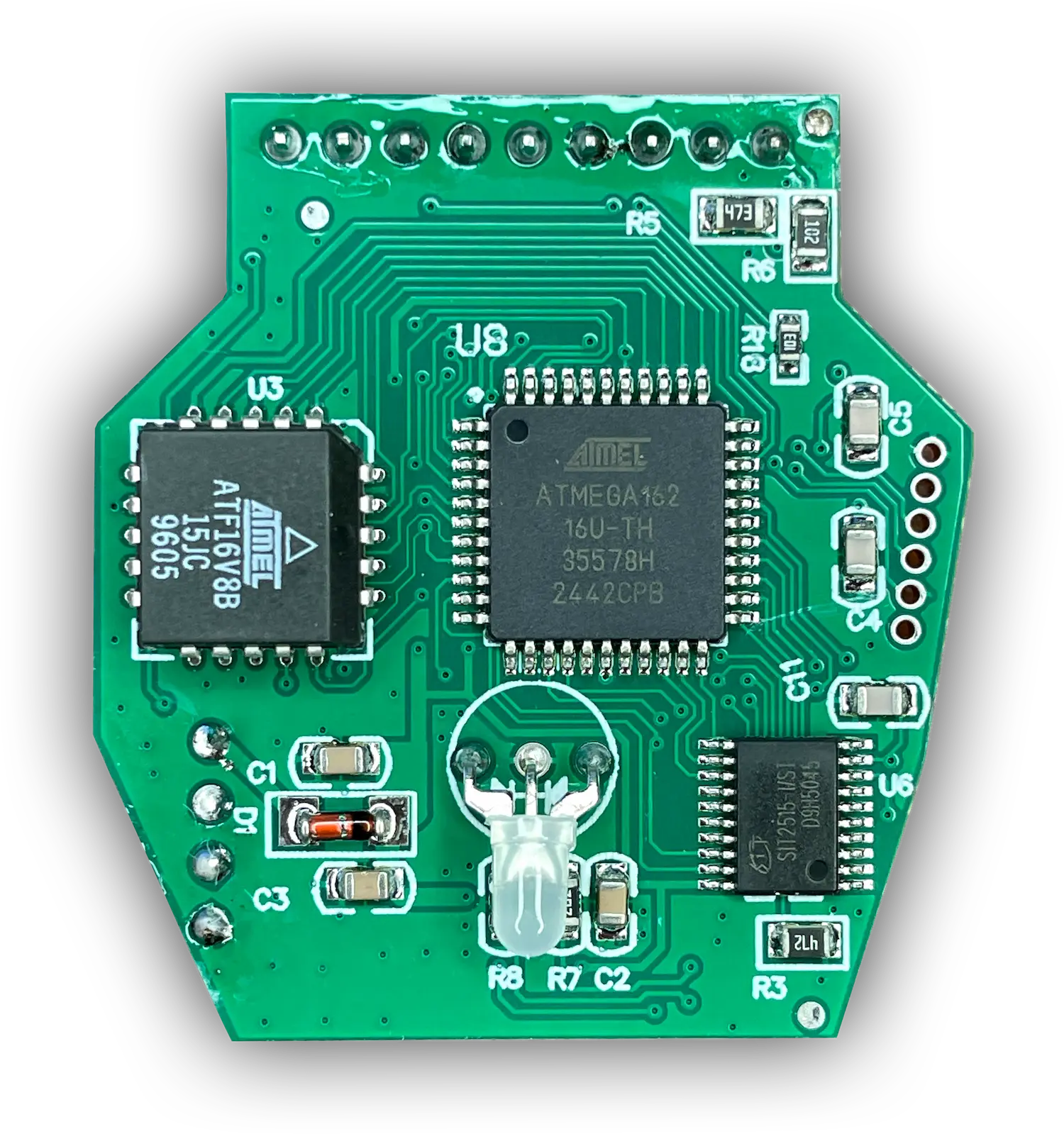 Platine des BMW K+DCAN Interface, Seite mit Atmel ATmega162, programmierbarer Logik, CAN-Controller und Status-LED